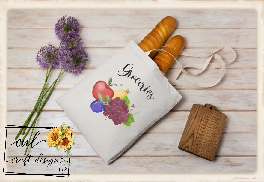 Canvas market tote with soft watercolor produce artwork
