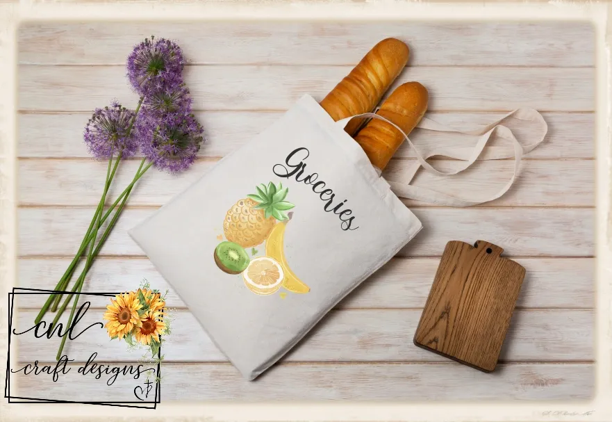 Canvas market tote with watercolor tropical fruit artwork