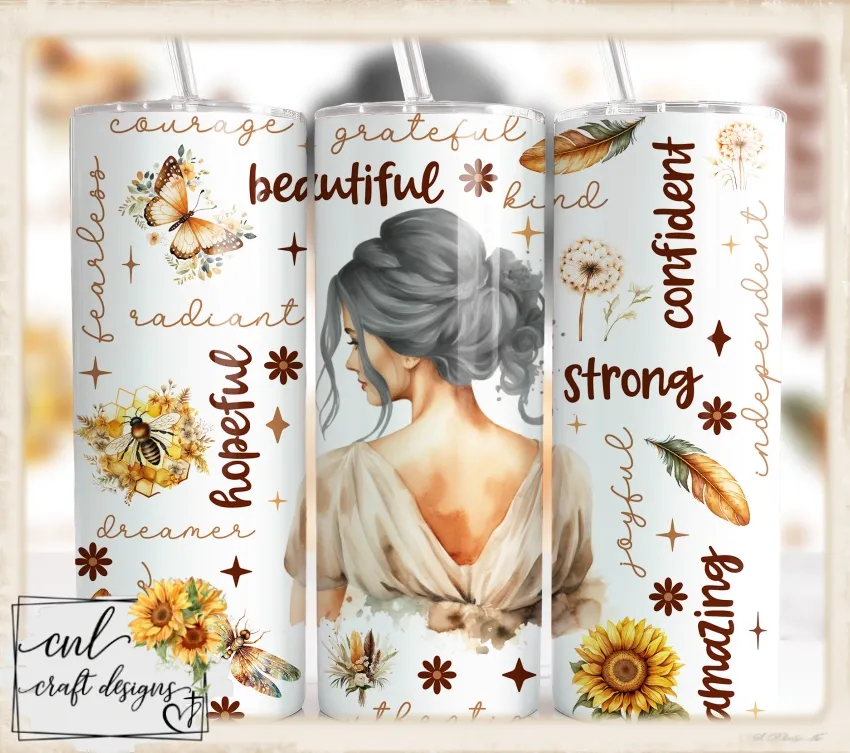 Hand-pressed affirmation tumbler with watercolor sunflowers and botanical lettering